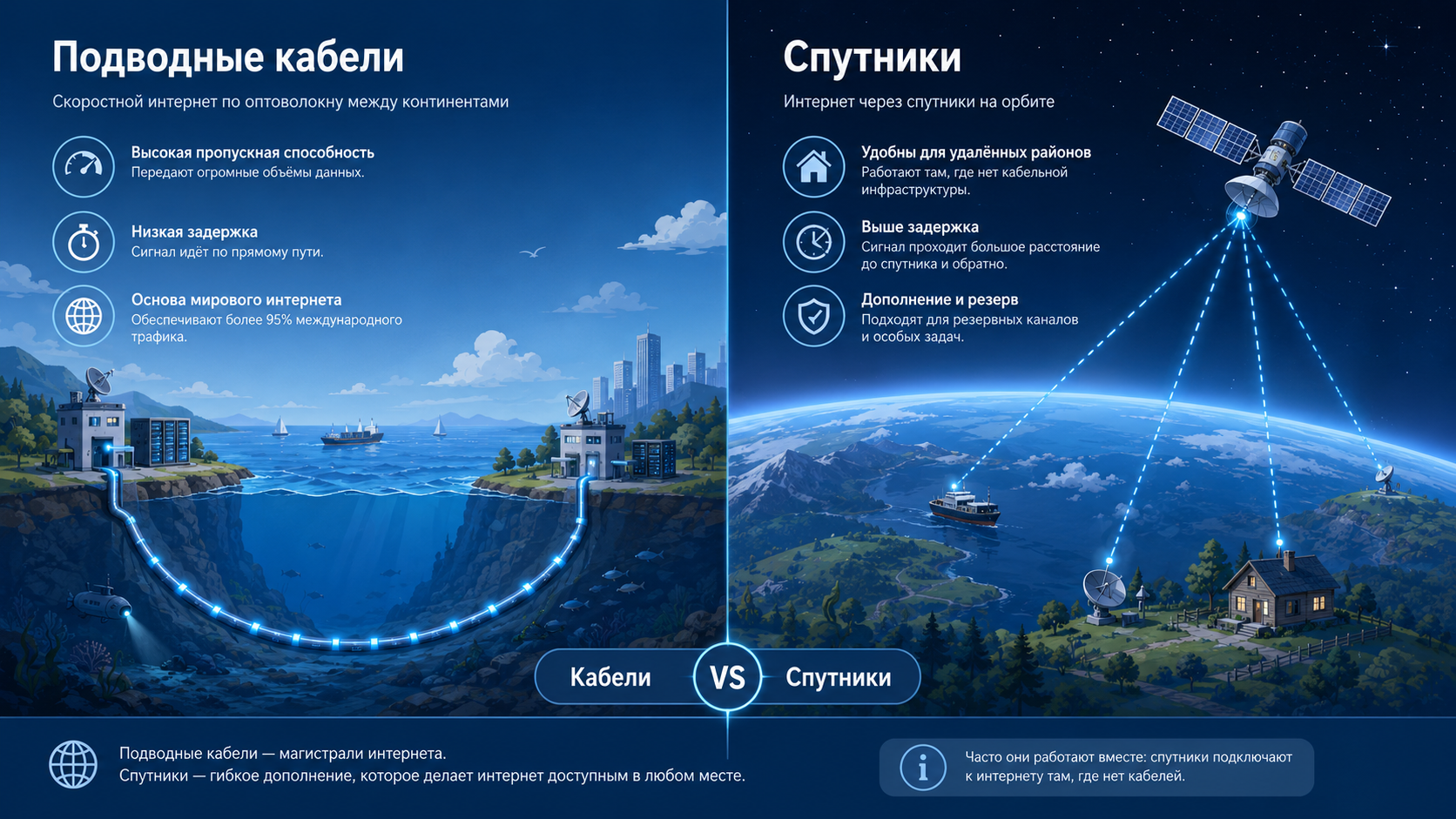 Сравнение подводных интернет-кабелей и спутниковой связи